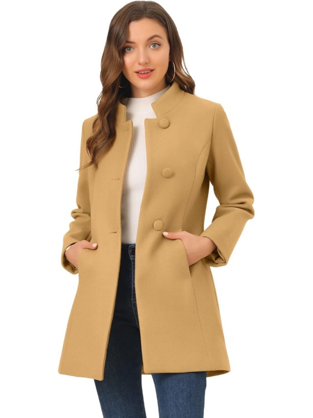 Women Khaki Long Sleeve Stand Collar Loose Relaxed Fit Single Breasted Coat